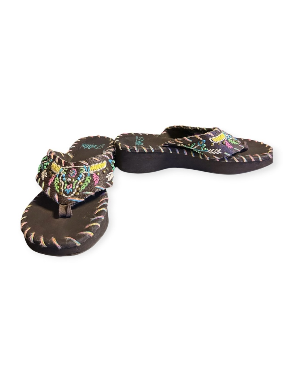 Delila Size 9 Brown Embroidered Leather Flip Flops Western Sandals Boho Aztec